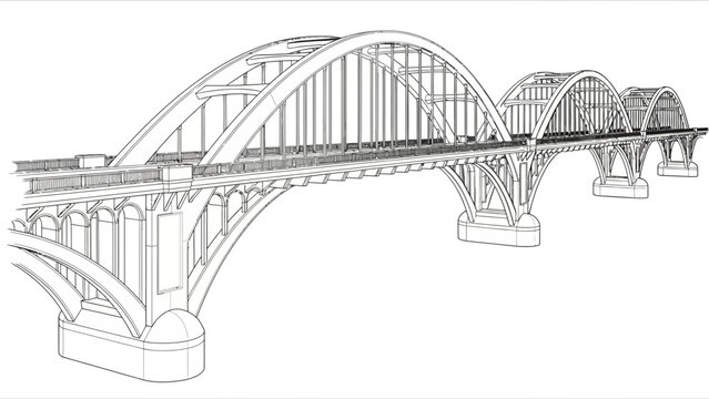 Detailed line drawing of a large bridge with multiple arches.