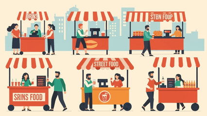 Naklejka premium Vibrant Street Food Vendors in Urban Setting.