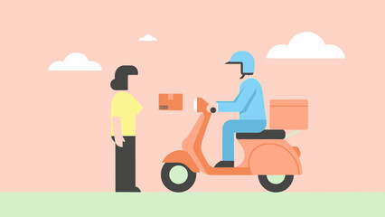 Delivery person handing over a package to a customer on a scooter.