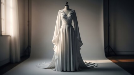 Elegant ivory gown with flowing sleeves, displayed on a mannequin, in a studio setting