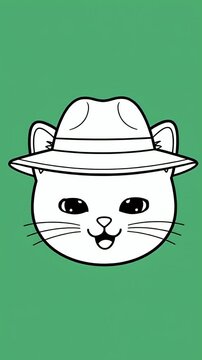 Cute Cat Wearing Fedora Hat Green Background Simple Animation