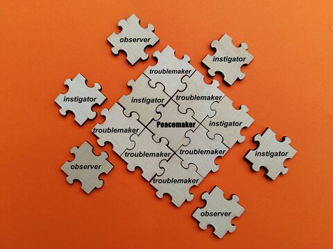 Wooden puzzle with print of peacemaker instigator troublemaker observer orange background concept of peacemaker among troublemakers