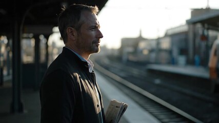 Man reading newspaper on train platform in contemplative mood with warm morning light on urban railway station for travel