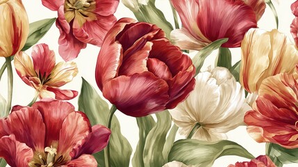Seamless Floral Pattern with Dark Red and Yellow Tulips and Green Leaves on a Cream Background