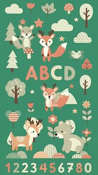 Cute Woodland Animals ABC Numbers Kids Animation Loop Footage