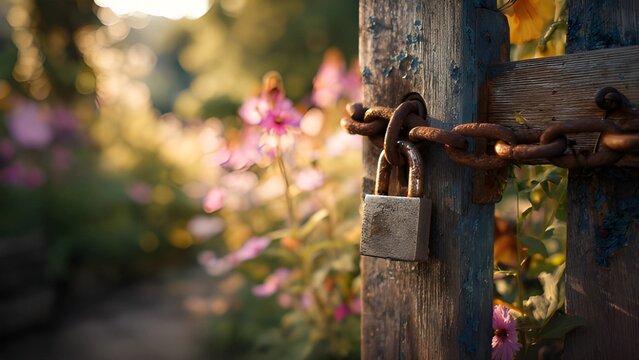 Rusty padlock and chain securing a wooden fence or gate with foliage and flowers field. Rusty lock, gate with lock. Rusted padlock and chain securing an old wooden post or gate. 