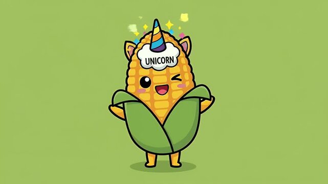 Cute Corn Character with Unicorn Horn Dancing Animated Loop