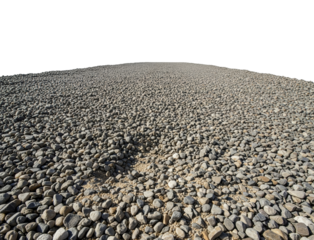 Wide surface texture of small grey gravel stones and pebbles on a transparent background