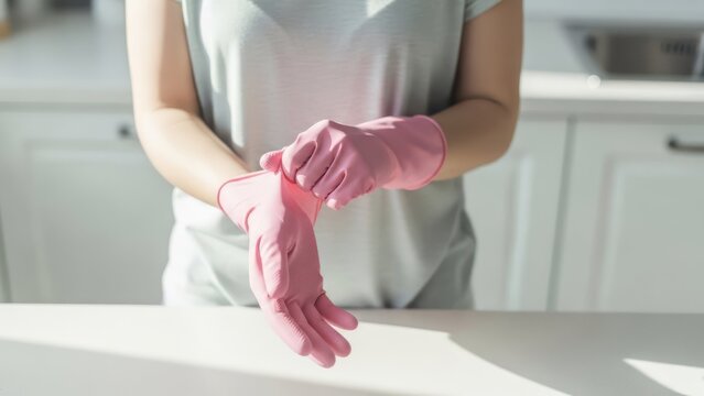 Person wearing bright pink gloves in a bright kitchen, ready for cleaning tasks