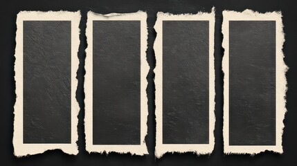 Four Black Rectangle Frames with Rough Edges Isolated on Dark Background and White Dust Effect Overhead Shot in Flat Lighting Style
