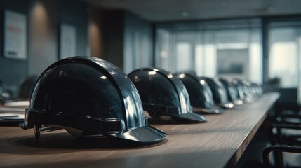 Fototapeta premium Safety helmets lined up on a table in a conference room during a workplace meeting about safety protocols and procedures