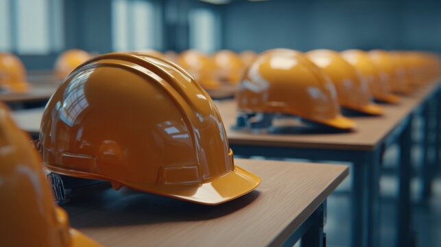Orange hard hats on wooden tables in a construction training center with bright lights and open space