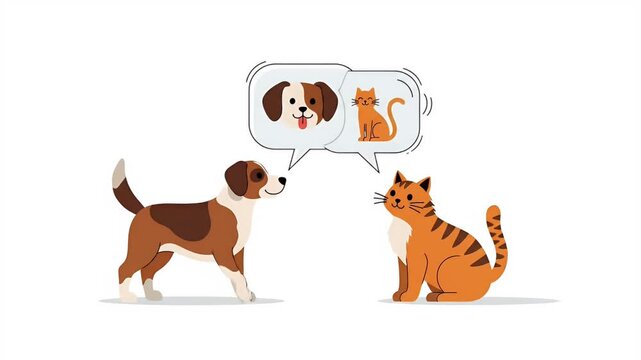 Cute Dog And Cat Friends Dreaming Of Each Other On White Background