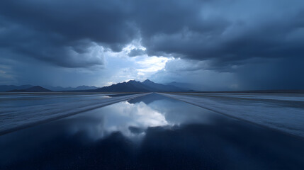 Dramatic Sky Over a Desert Landscape: The vast and serene landscape is a study in contrasts, with dark, imposing storm clouds gathering ominously above a salt flat.