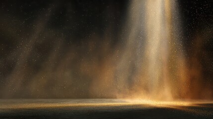 Golden Dust Particles Floating in Dark Atmospheric Light with Blurred Background Sparkly Golden Particles Light Ray