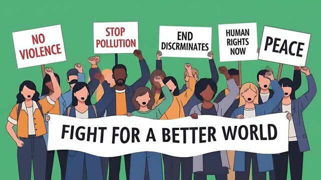 Diverse Crowd Protests For A Better World With Signs Promoting Peace Equality