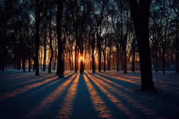 Golden Sunset Through Silhouetted Bare Trees Casting Long Shadows On White Snow Ground In Winter Landscape Under Blue Sky In Countryside