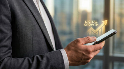 Financial high level planning concept digital growth strategy with businessman hand holding smartphone