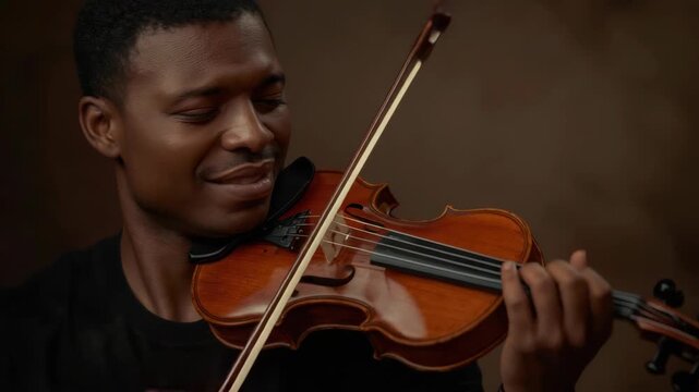 Young violin musician portrait smiling young man with focused expression, bow and musical