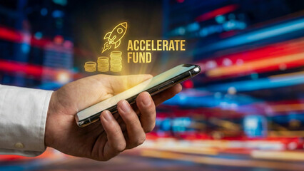 Financial high level planning concept accelerate fund mobile phone digital graphic, investment growth idea, technology business background