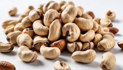 Pile of cashew nuts on white background for healthy snacking