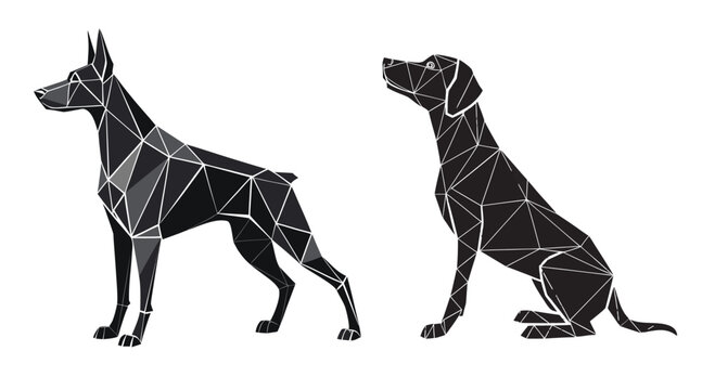 Geometric Polygonal Dog Vector Illustrations Doberman and Pointer Silhouette Set Low Poly Abstract Canine Art Standing Doberman and Sitting Dog Graphic Design.