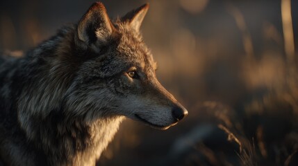 Obraz premium Wolf in profile during sunset in an open field with soft light illuminating its fur