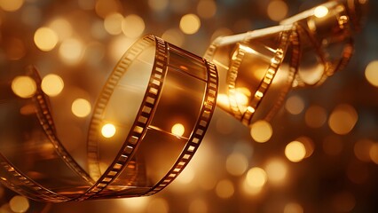 Fototapeta premium Shimmering glowing golden film strip or reel for cinema, creativity, or cinematic achievements. Movie background film strip with a golden hue, bokeh lighting. Yellow digital film festivals cinematic