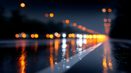 City Lights Reflection: Capturing the captivating essence of a rain-slicked road at night, where the vibrant lights of the city dance in a mesmerizing display of illumination. 