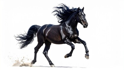 Fototapeta premium Black horse galloping across pale terrain with flowing mane—freedom, motion, and contrast against white.