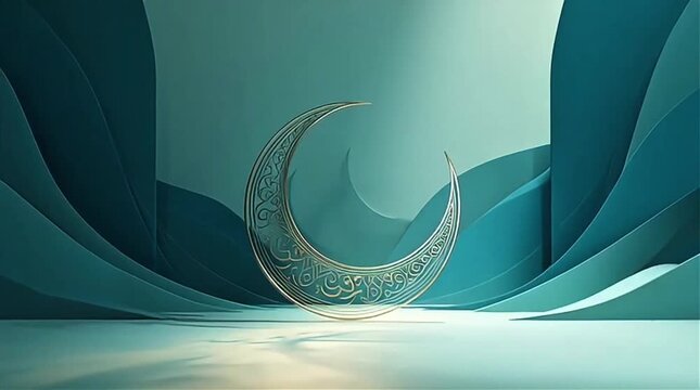 A stylized crescent moon with intricate patterns in a serene teal and blue-green abstract setting, evoking elegance and spiritual themes.