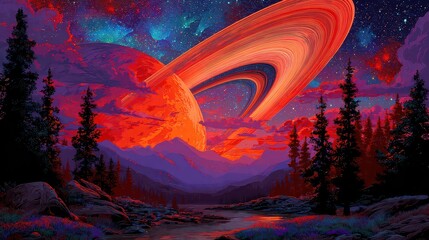 Pixelated Ringed Planetscape Over Forest And Mountains Reflecting In Stream Under Starry Night Sky With Vibrant Color Gradients In Digital Art