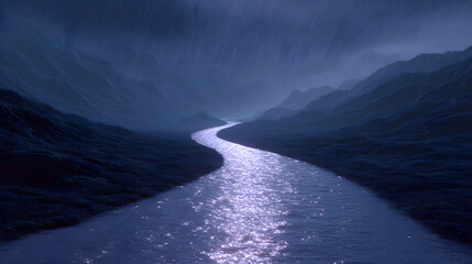 Serene River Journey: A winding river flows through majestic mountains under a moody, overcast sky, evoking a sense of tranquility and the power of nature.
