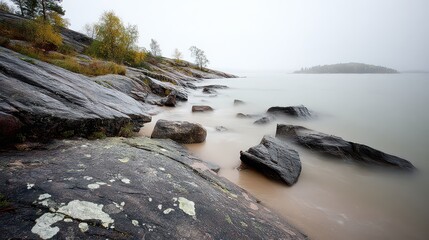 Rocky Shoreline with Calm Waters and Distant Island Under Overcast Sky Featuring Jagged Rocks and Sparse Vegetation in Neutral Color Palette