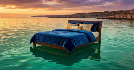 Surreal scene of a luxurious blue bed floating on the calm turquoise waters of a serene cove during a breathtaking sunset