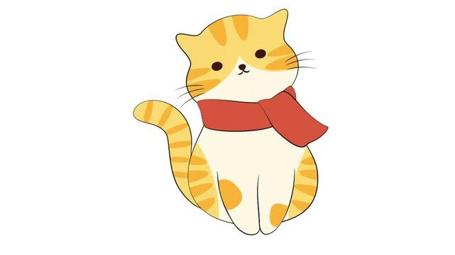 Adorable cartoon cat wearing red scarf on white background