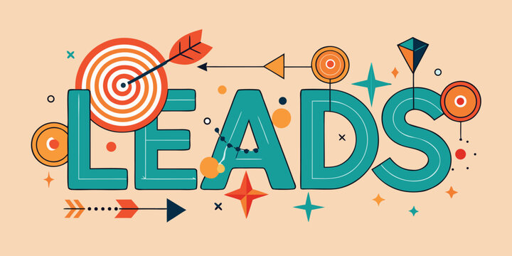 Eye-catching leads logo with rounded letters transforming into vibrant targets and arrows, conveying business success and marketing goals