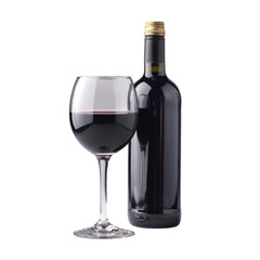 Elegant Wine: A dark-colored bottle and a crystal glass, both brimming with rich, crimson wine, stand elegantly, capturing the essence of fine dining and celebration.