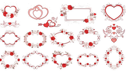 Collection of romantic frames and borders with red roses and hearts, perfect for wedding invitations or Valentine's Day designs.