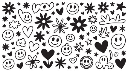 Hand drawn doodle icons with smiley faces and hearts in simple black and white illustration for greeting cards