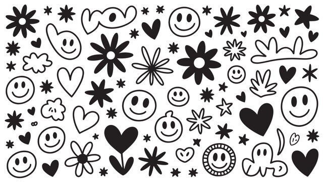 Hand drawn doodle icons with smiley faces and hearts in simple black and white illustration for greeting cards