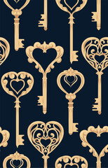 Vector seamless pattern with golden keys on dark background. Vintage texture with metal keys. Old keys pattern for wallpaper and fabric