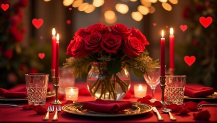 Romantic candlelight dinner table setting for couple, luxury restaurant - Valentine's day celebration, anniversary, indoor date night, togetherness, relationship, intimacy, affection, love