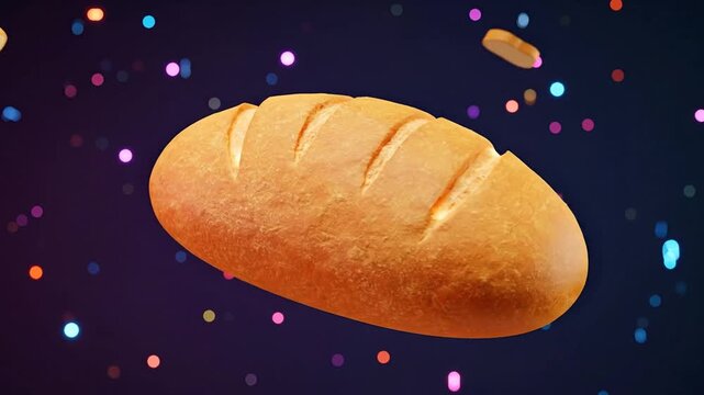 A loaf of bread and slices float amid colorful, blurred orbs on a dark, gradient background
