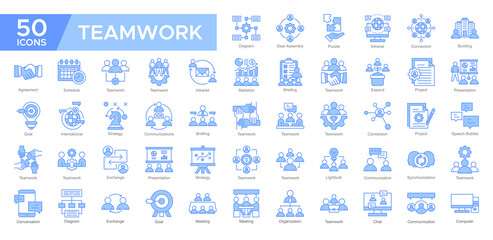 Teamwork collection set. Statistics, Supervised ,Teamwork, Project , Presentation, Strategy , Communications, Diagram, icon. Simple Blue vector illustration