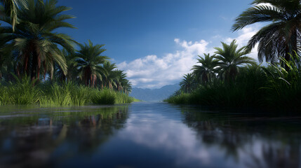 Paradise reflection: A stunning view of a calm river running through an oasis, with towering palm trees reflecting peacefully on the water under a clear blue sky. A vivid scene.