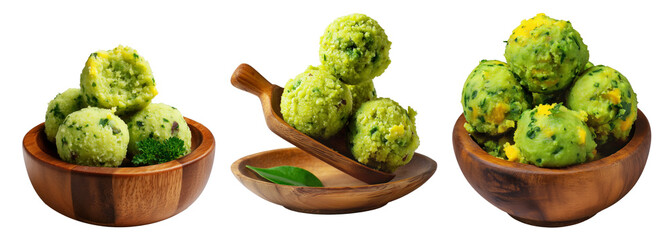 Fototapeta premium Mashed green plantains mixed with cheese or pork, shaped into balls, isolated on white background. Concept of vegetarian cuisine