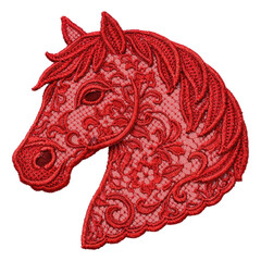 Red lace horse head with embroidered floral patterns, Chinese zodiac decorative element isolated on transparent background
