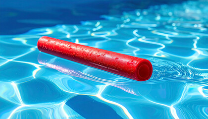 Red foam pool noodle floating in blue swimming pool water