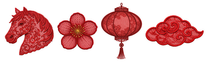 Red lace Chinese decorative set with horse, plum blossom, lantern and lucky cloud, isolated on transparent background